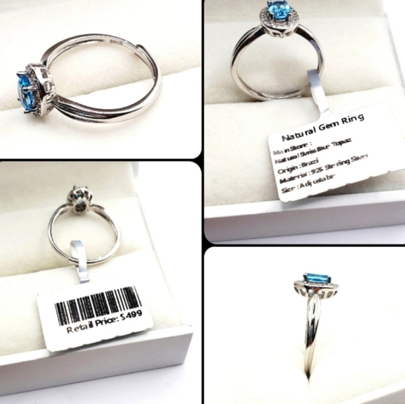 Natural Swiss Blue Topaz Sterling Silver Simulated Diamond Halo Ring - Picture 2 of 4